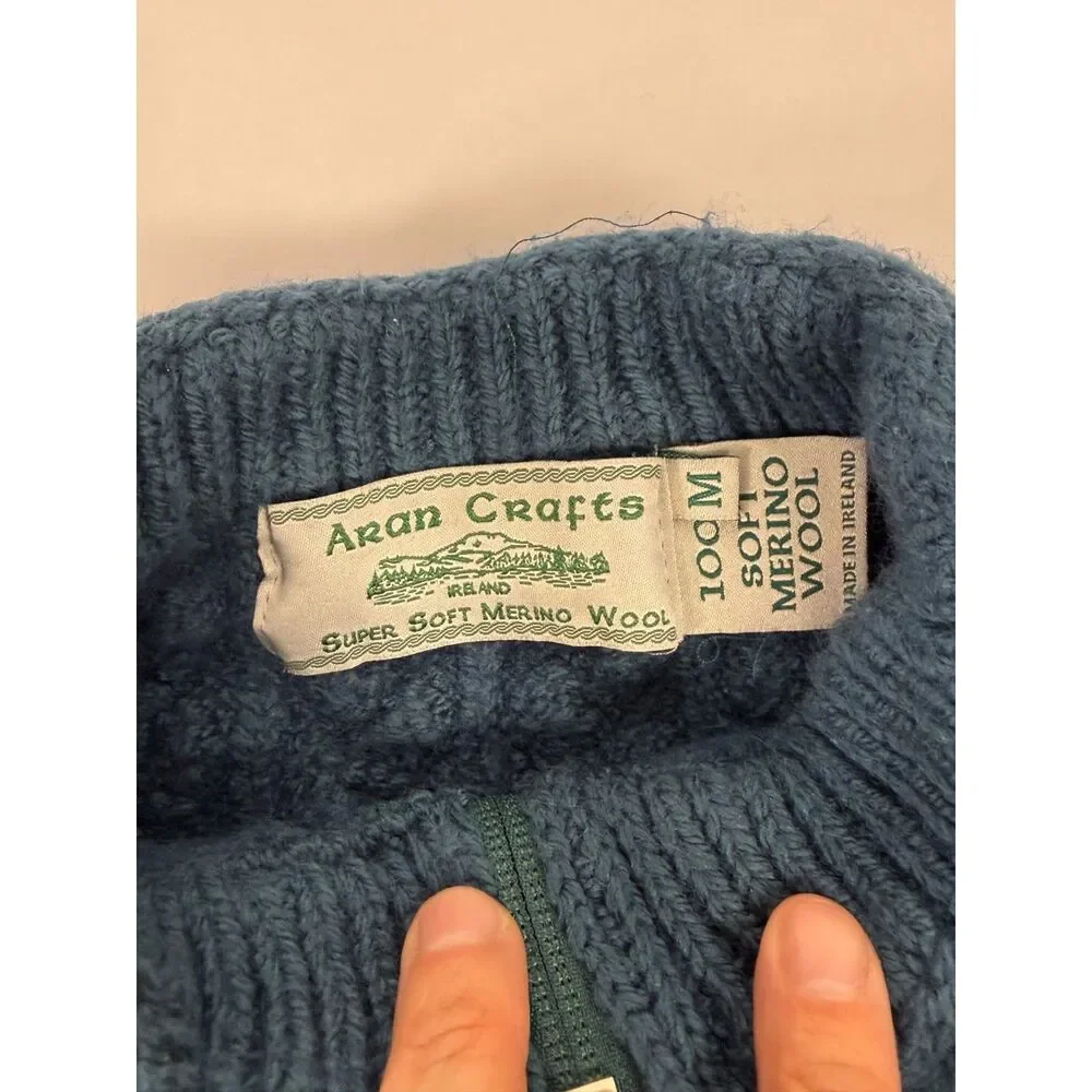 Aran Crafts Ireland 100% Merino Wool‎ Kids Zip Cardigan Sweater Blue Medium